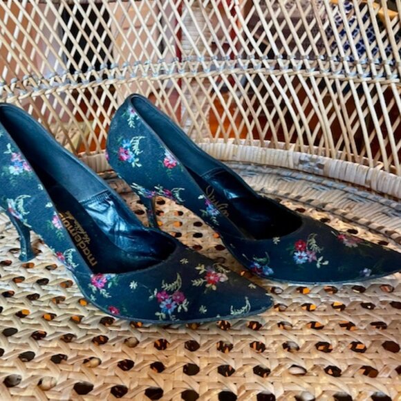 Black FLORAL 1960s PURSE and KITTEN HEELS 7N - Picture 5 of 10